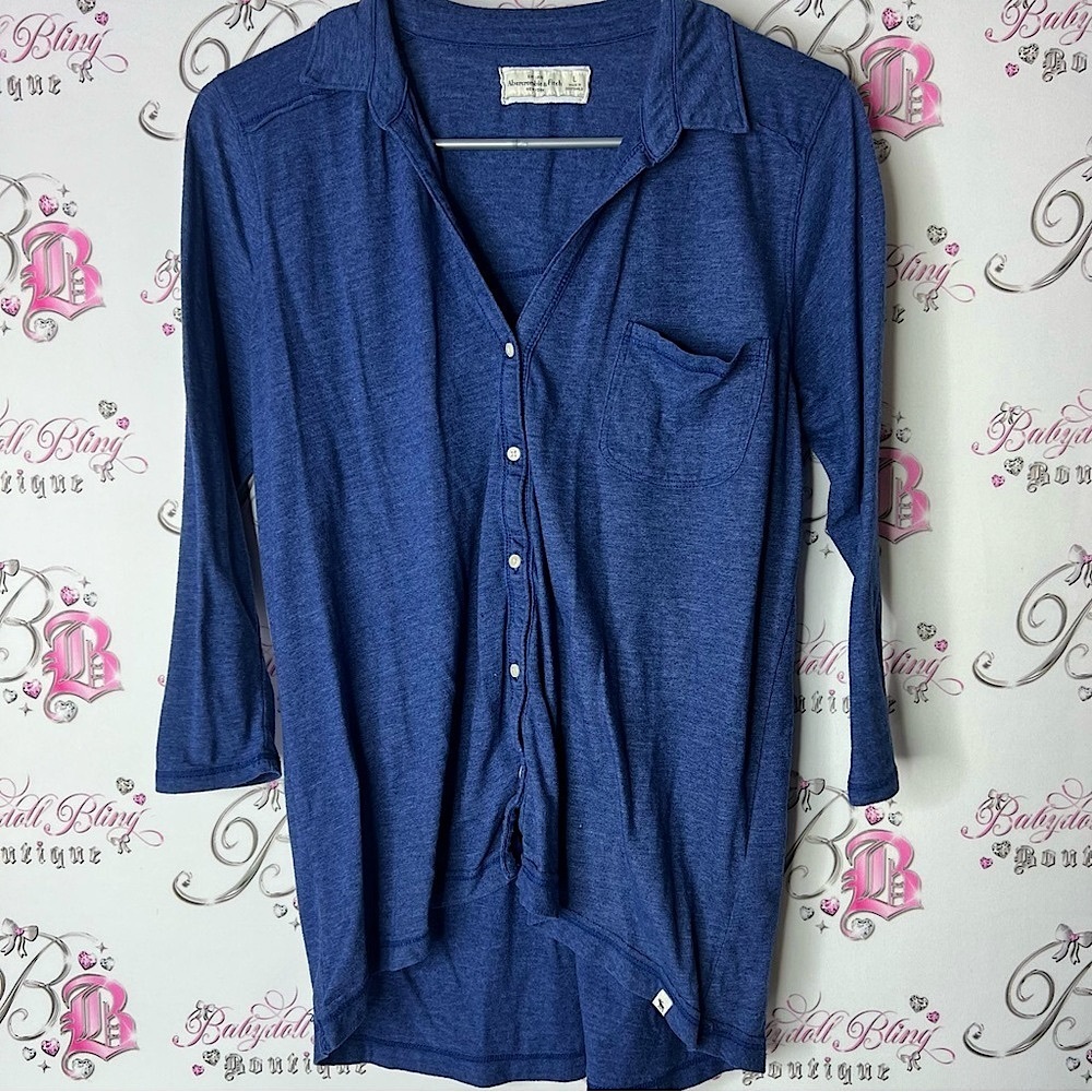 Abercrombie & Fitch top shirt button down blue white buttons Indigo long sleeve